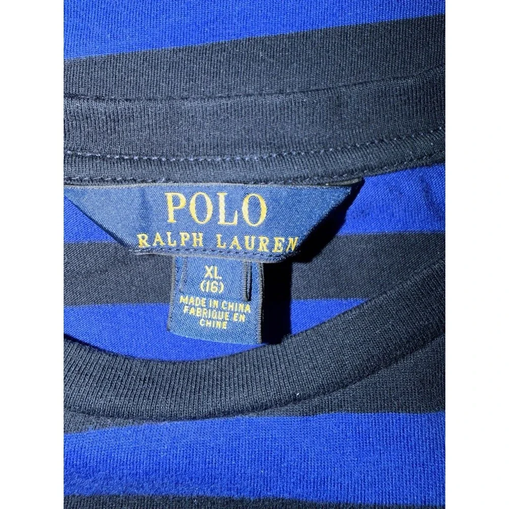 Polo Ralph Lauren Youth XL 16 Striped Tee Blue Black Pocket‎ Shirt Girls Casual